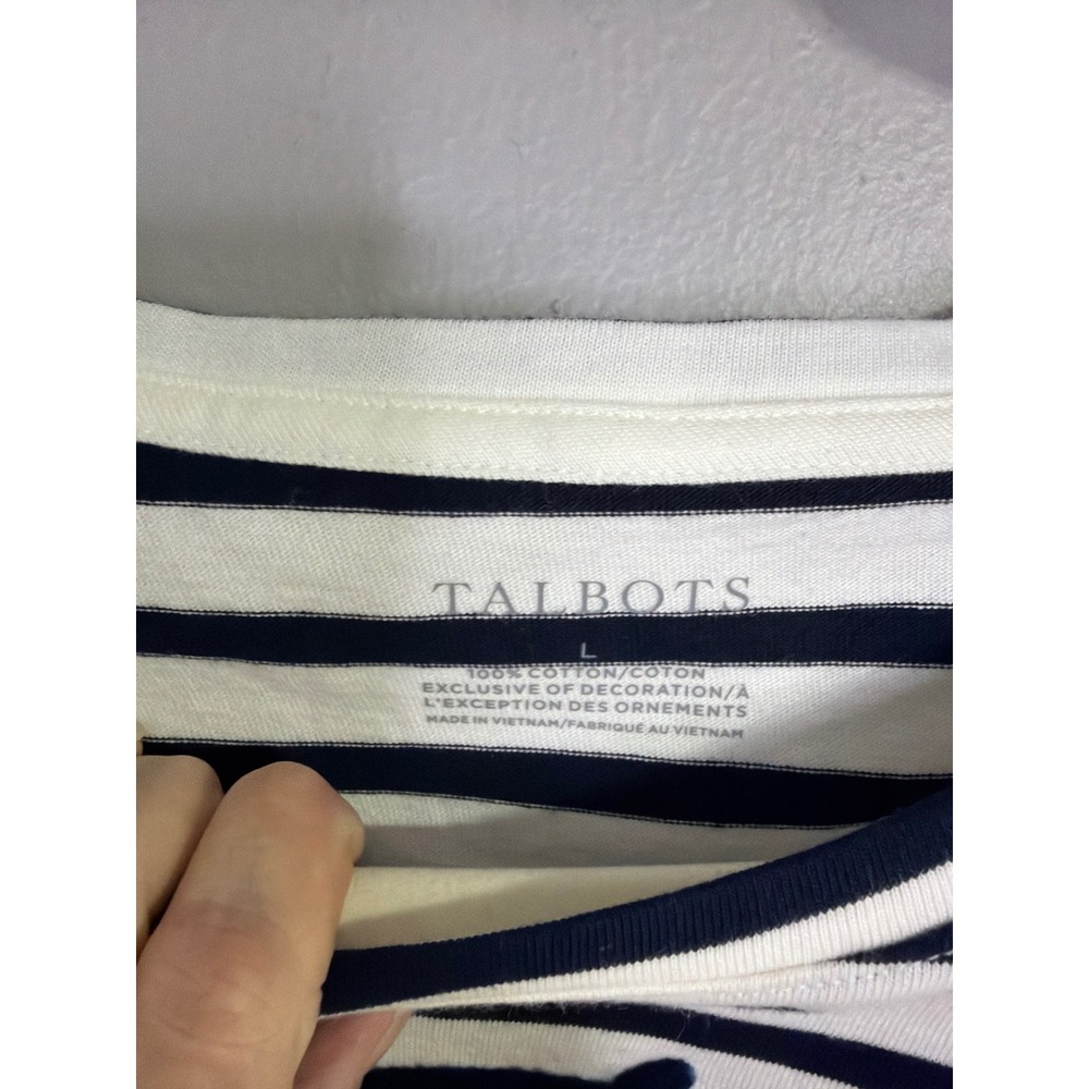 Talbots Women's Navy White Striped Owl Applique Cotton Long Sleeve Top L NEW - Picture 2 of 9